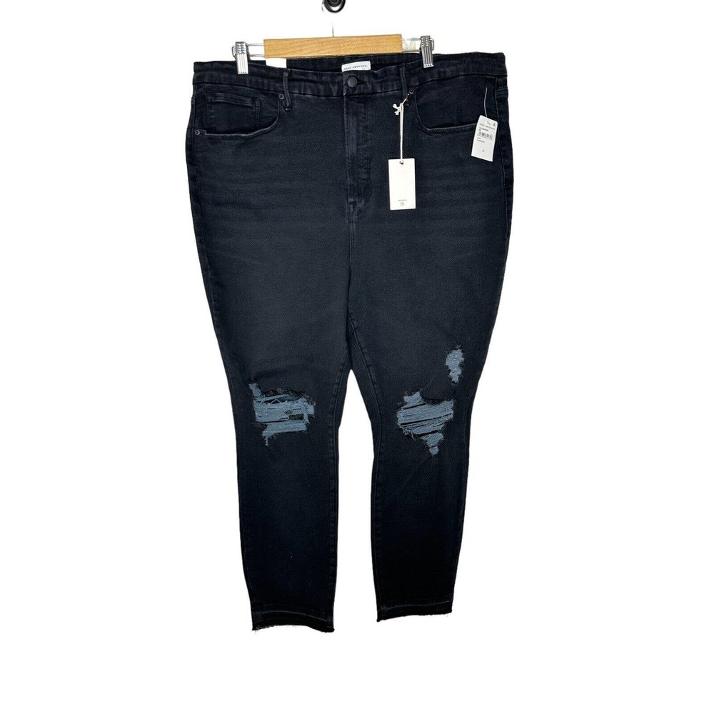 NWT Good American Womens Good Legs Crop Jeans 24 Distressed Skinny Raw Hem Black